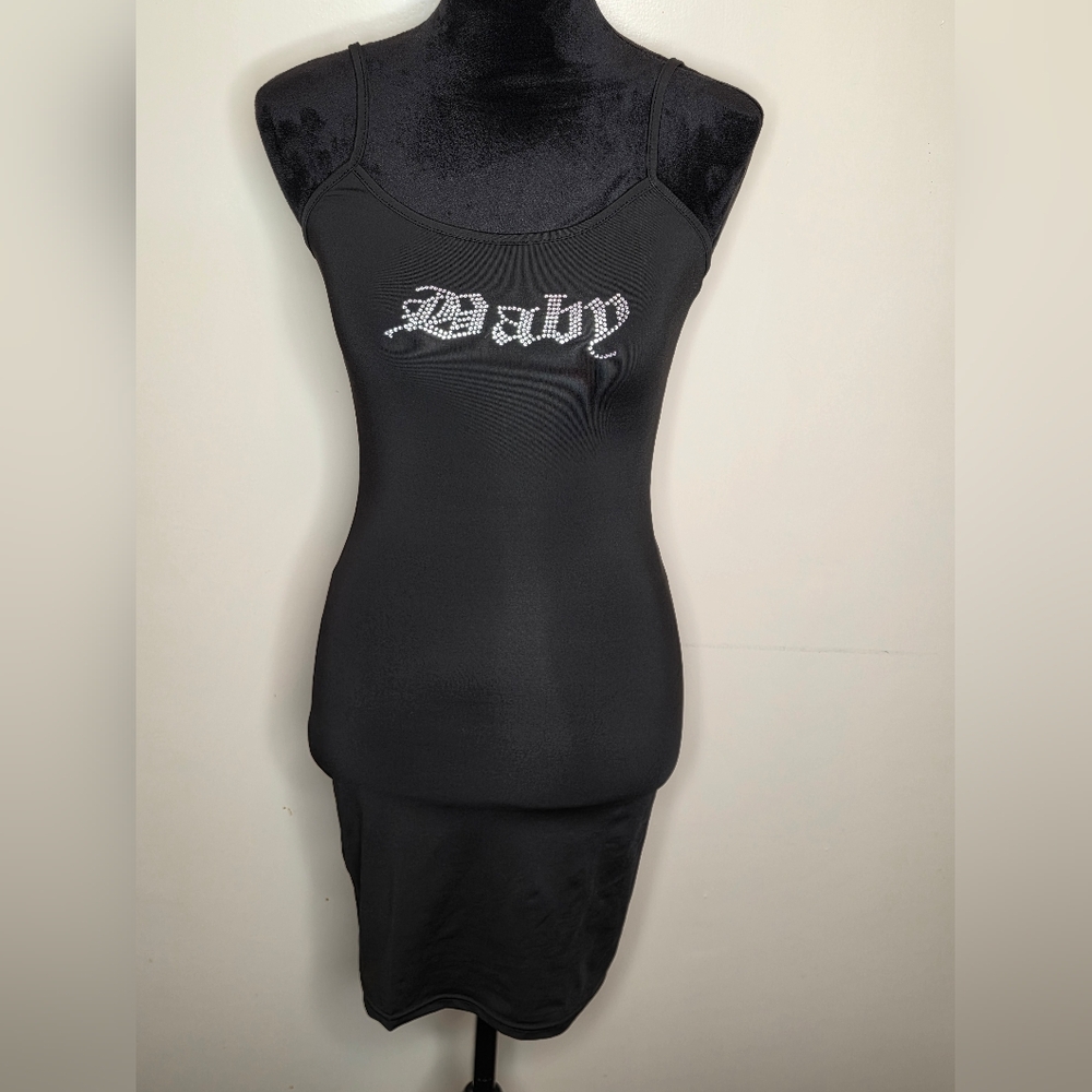 Spaghetti String Fitted Dress "Baby" Bling Sz. S Black